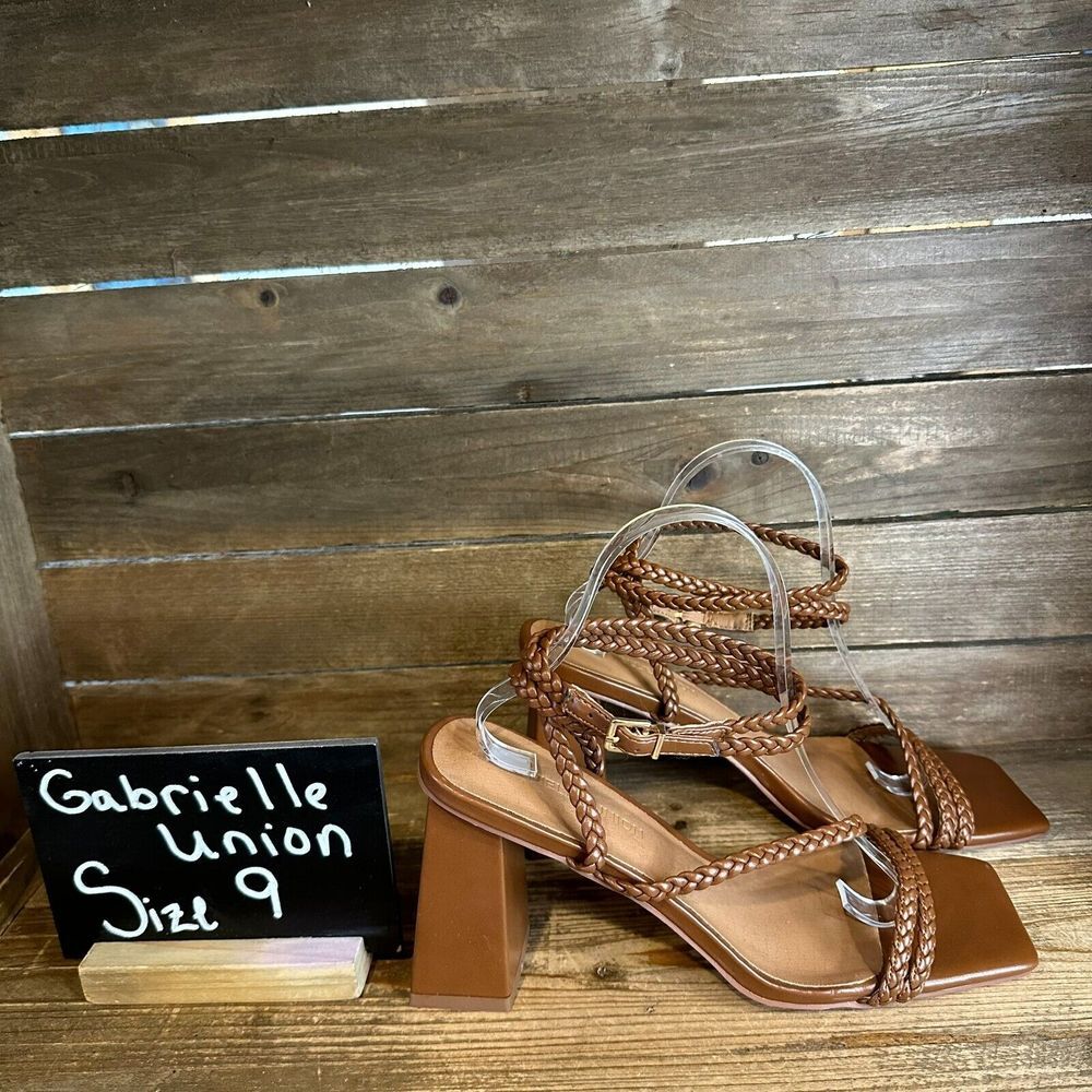 New Womens Gabrielle Union Nicolina Brown‎ Braided Block Heels Sandals Size 9 M